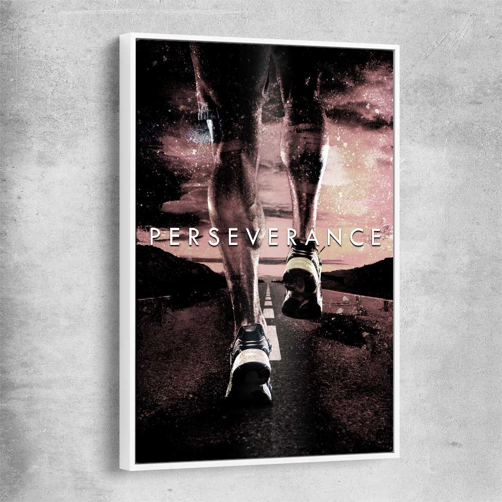Inspirational wall art print of Perseverance with white framed canvas