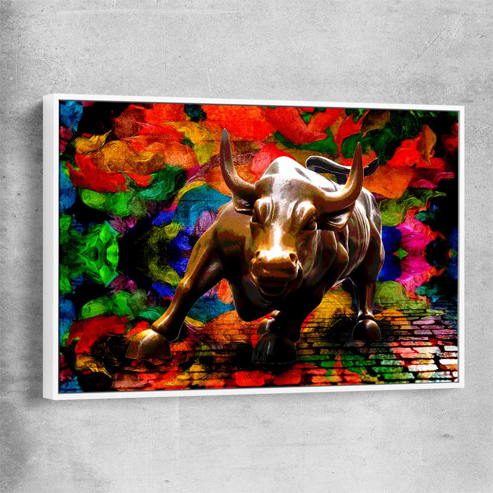 Inspirational wall art print of Raging Bull with white framed canvas