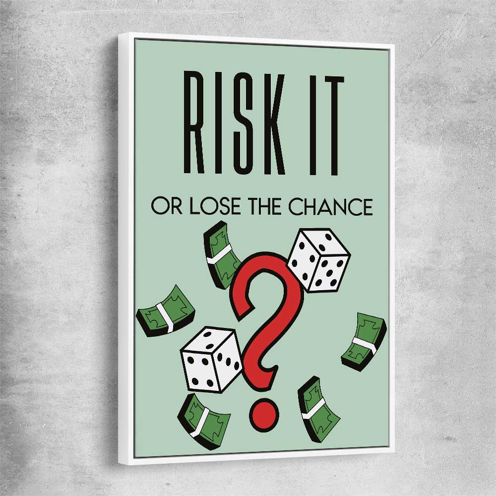 Inspirational wall art print of Roll the Dice with white framed canvas