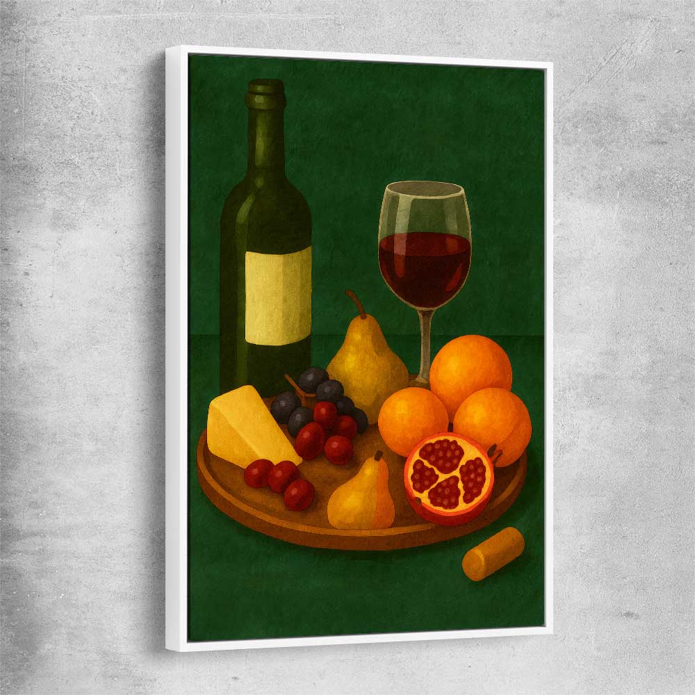 Wine at Dusk One white framed canvas is a colourful and stylish canvas wall art and print suited for the kitchen area