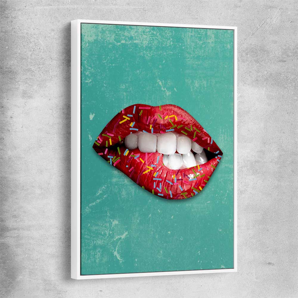 Candy Pop white framed canvas - part of our high quality canvas lips wall art collection