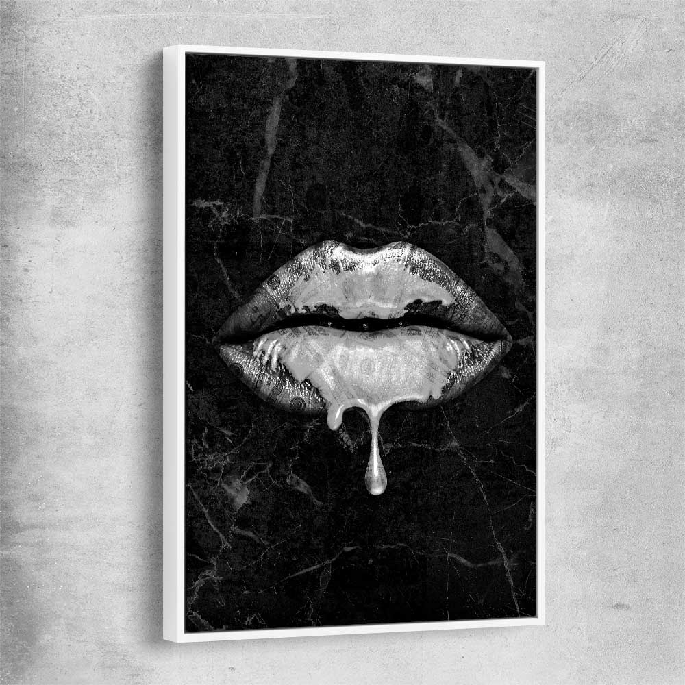 Darkened Lust white framed canvas - part of our high quality canvas lips wall art collection