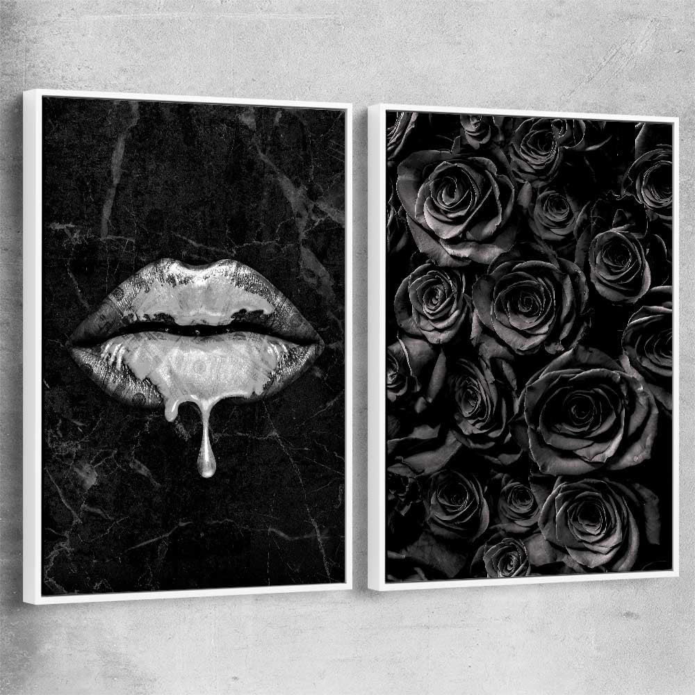 Darkened Lust Pair white framed canvas - part of our high quality canvas lips wall art collection
