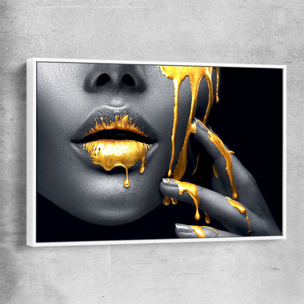 Golden Desire white framed canvas - part of our high quality canvas lips wall art collection