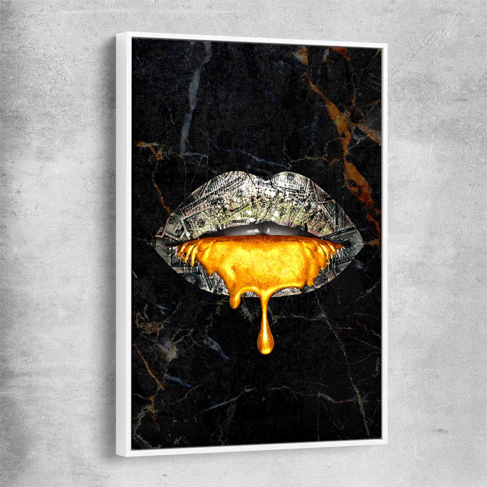 Golden Lust white framed canvas - part of our high quality canvas lips wall art collection
