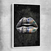 Money Lips white framed canvas - part of our high quality canvas lips wall art collection
