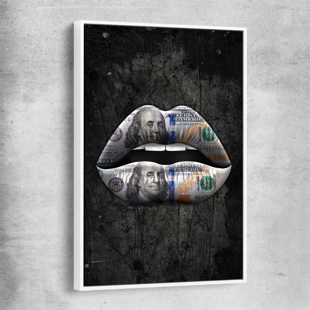 Money Lips white framed canvas - part of our high quality canvas lips wall art collection