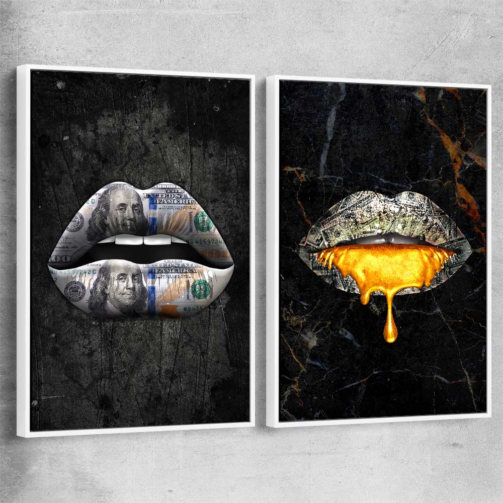 Money Lips Pair white framed canvas - part of our high quality canvas lips wall art collection