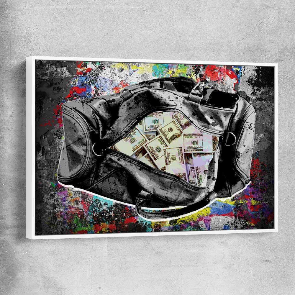 Money wall art print of Cash Duffel with white framed canvas