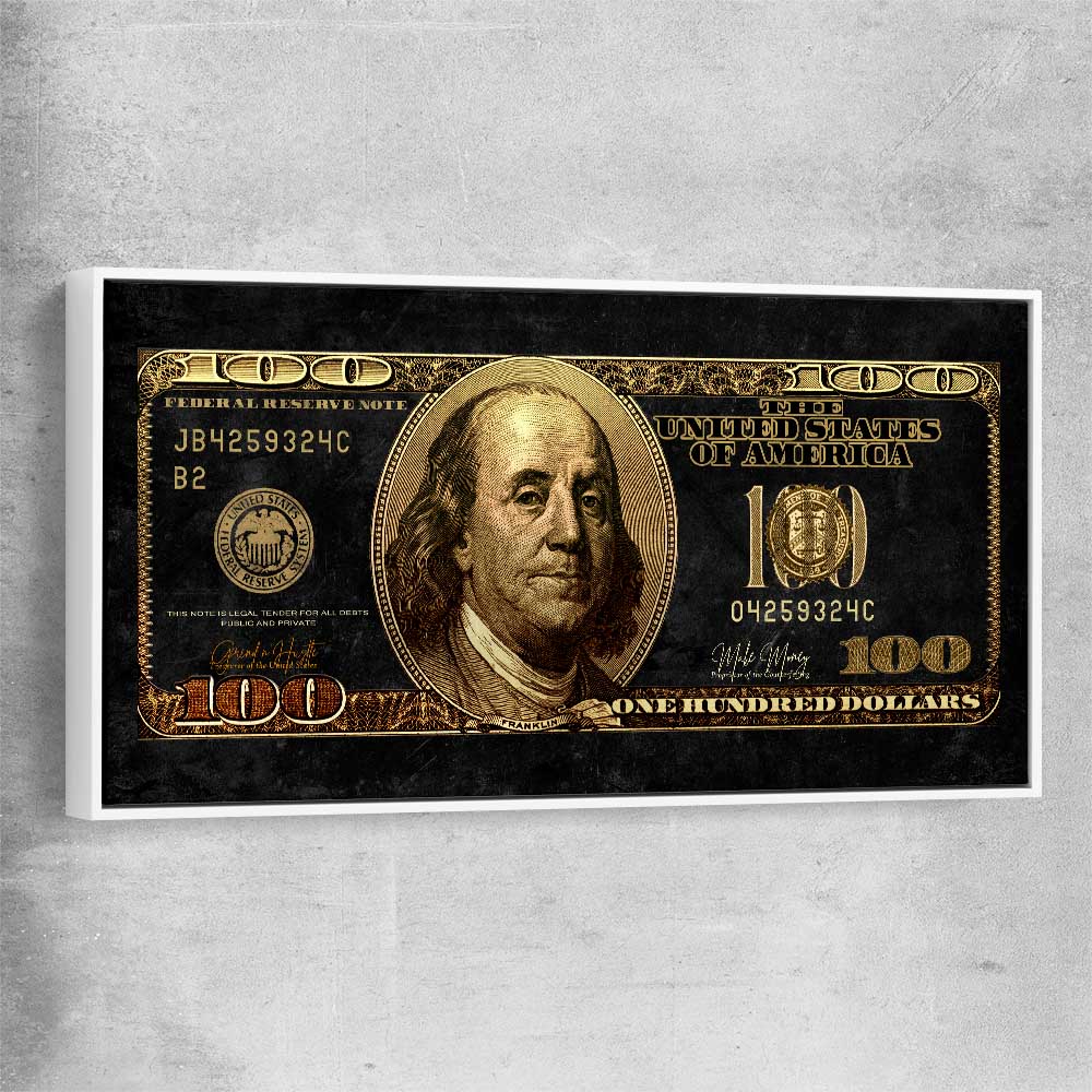 Money wall art print of Golden Bill with white framed canvas