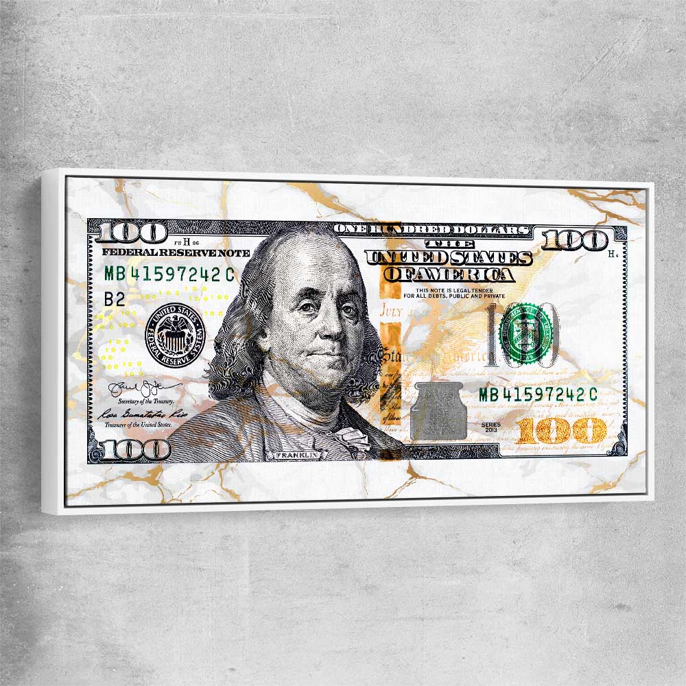Money wall art print of Marble Bill with white framed canvas