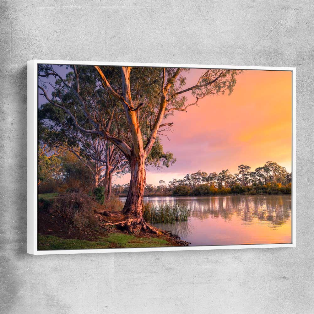Floral print of Blissful River Sunset with white framed canvas