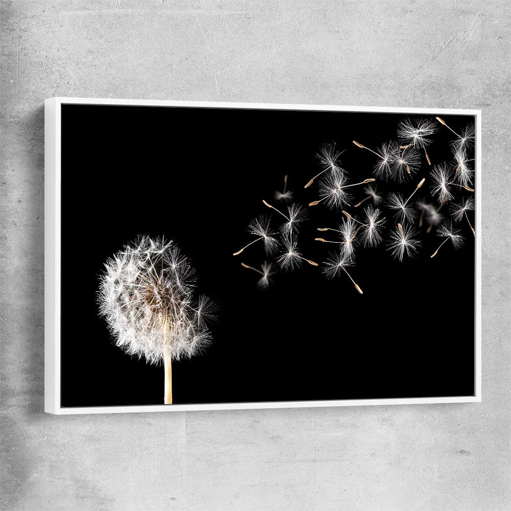 Floral print of Blowing Dandelion with white framed canvas