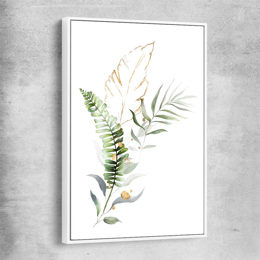 Floral print of Botanic Gold Two with white framed canvas