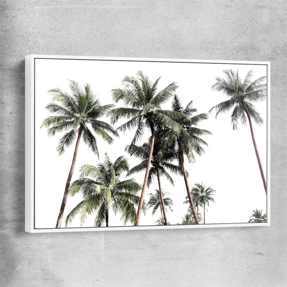 Floral print of Bright Palm Skies with white framed canvas