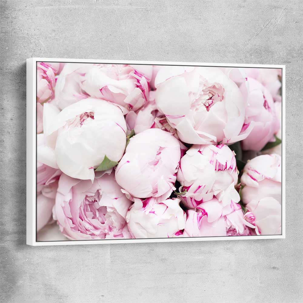 Floral print of Delicate Peonies with white framed canvas
