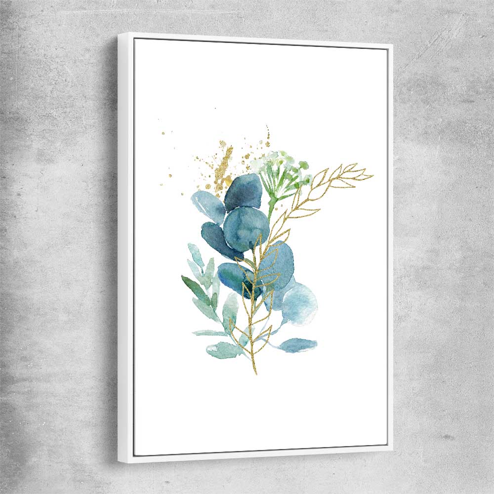 Floral print of Eucalyptus Bunch One with white framed canvas