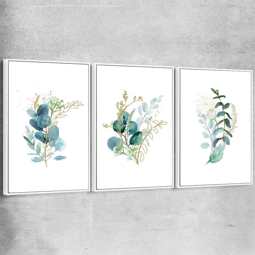Floral print of Eucalyptus Bunch Set with white framed canvas