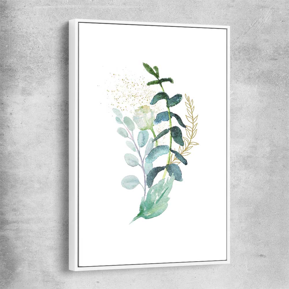 Floral print of Eucalyptus Bunch Three with white framed canvas