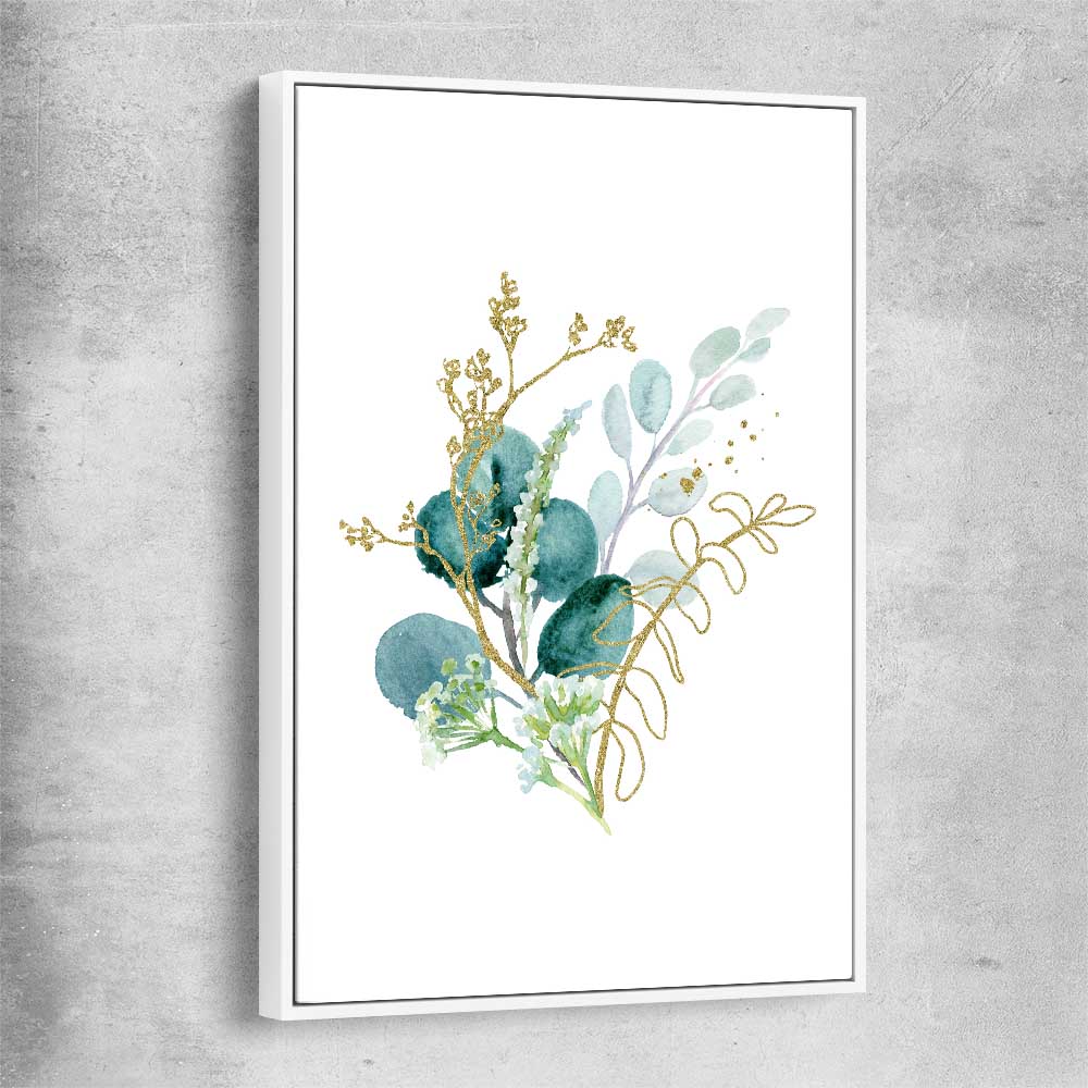 Floral print of Eucalyptus Bunch Two with white framed canvas