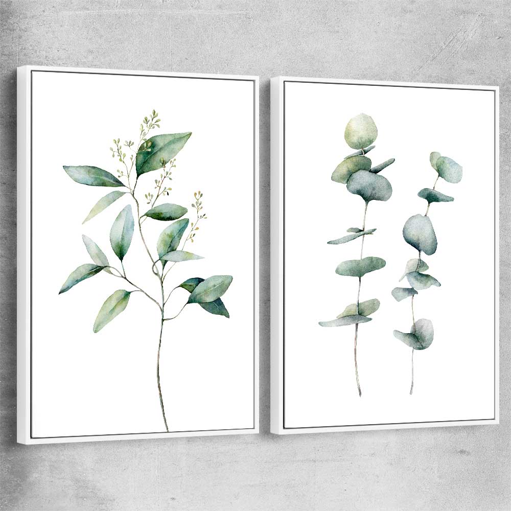 Floral print of Eucalyptus Pair One with white framed canvas