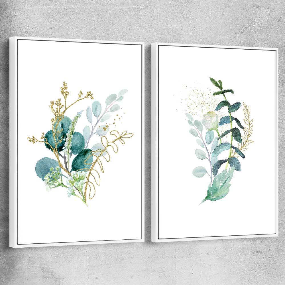 Floral print of Eucalyptus Pair Two with white framed canvas