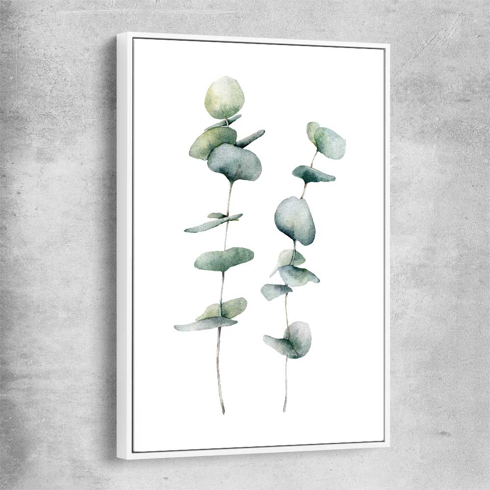 Floral print of Eucalyptus Three with white framed canvas
