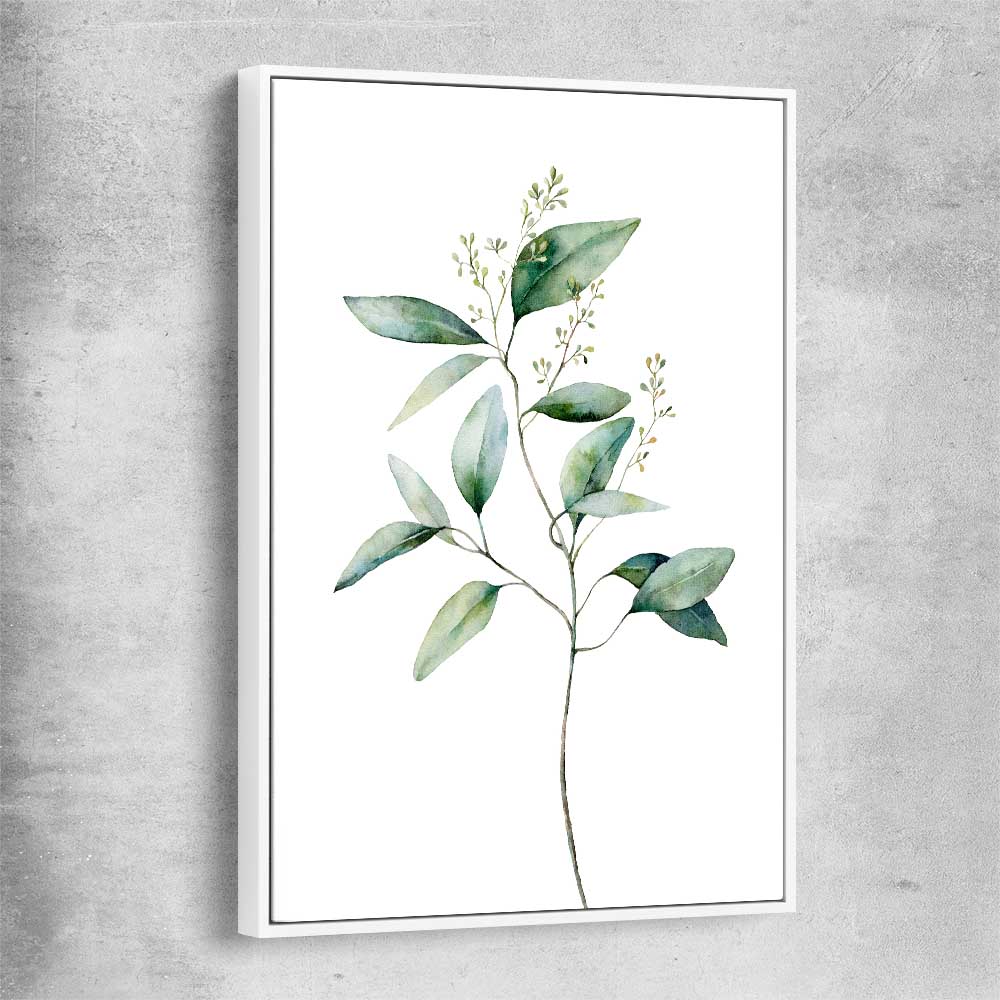 Floral print of Eucalyptus Two with white framed canvas