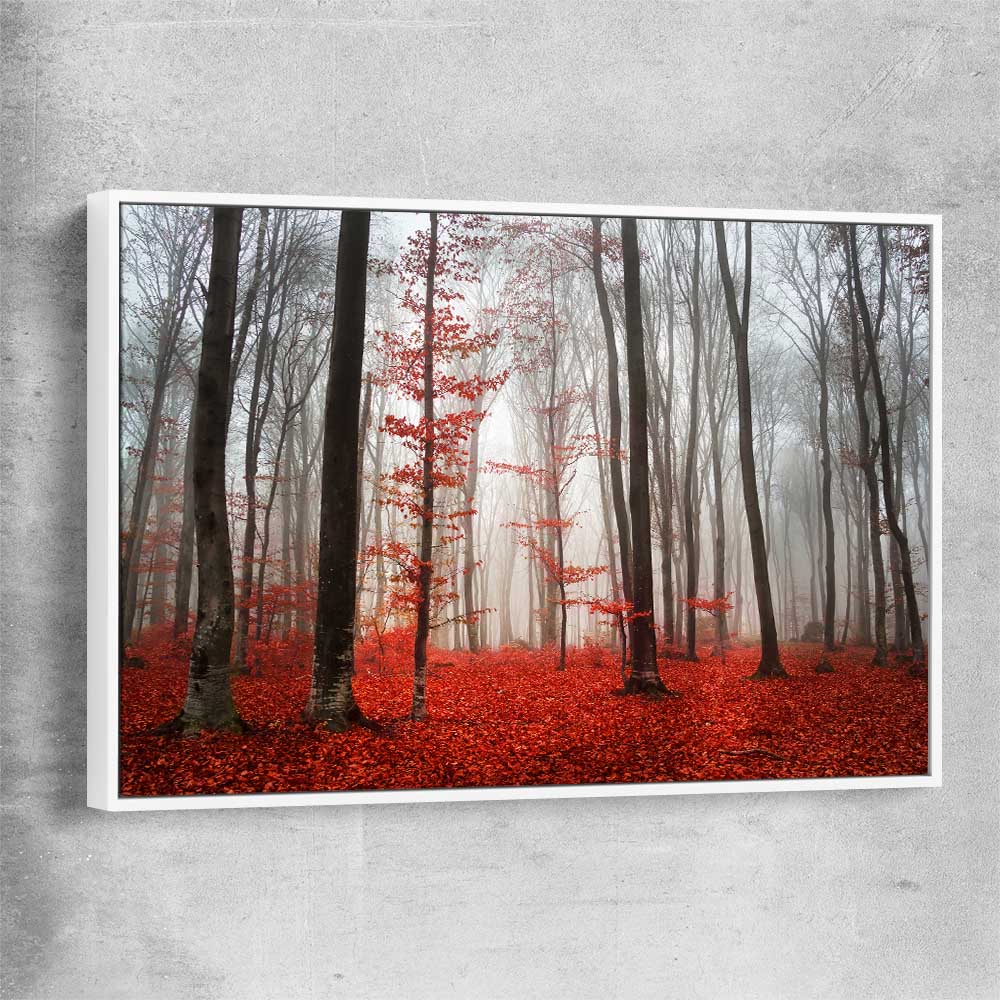 Floral print of Foggy Autumn Forest with white framed canvas