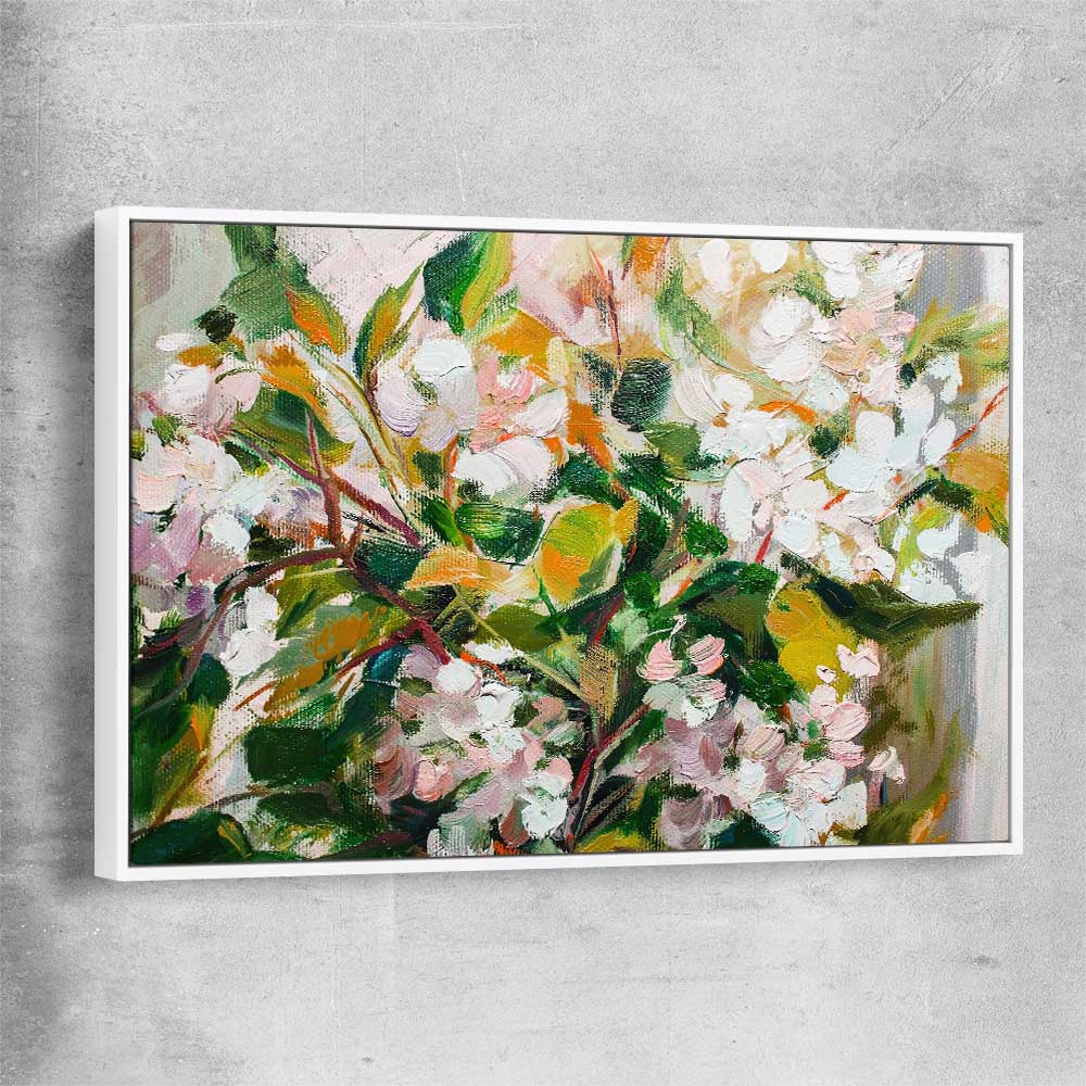 Floral print of Green Blossom with white framed canvas