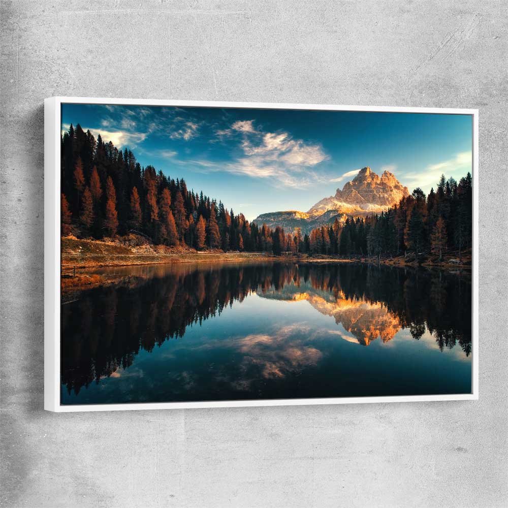 Floral print of Lago Antorno with white framed canvas