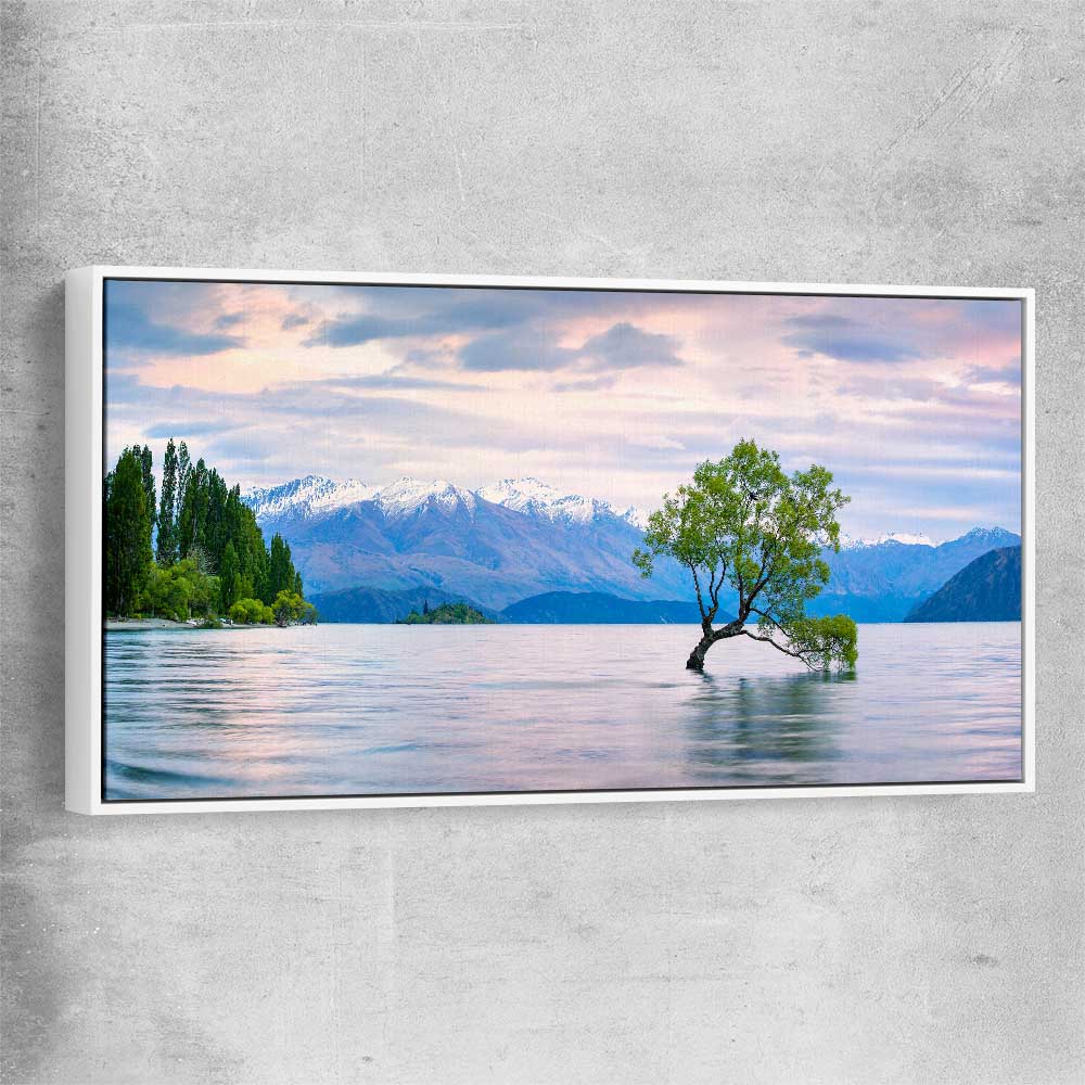 Floral print of Lake Wanaka Landscape with white framed canvas