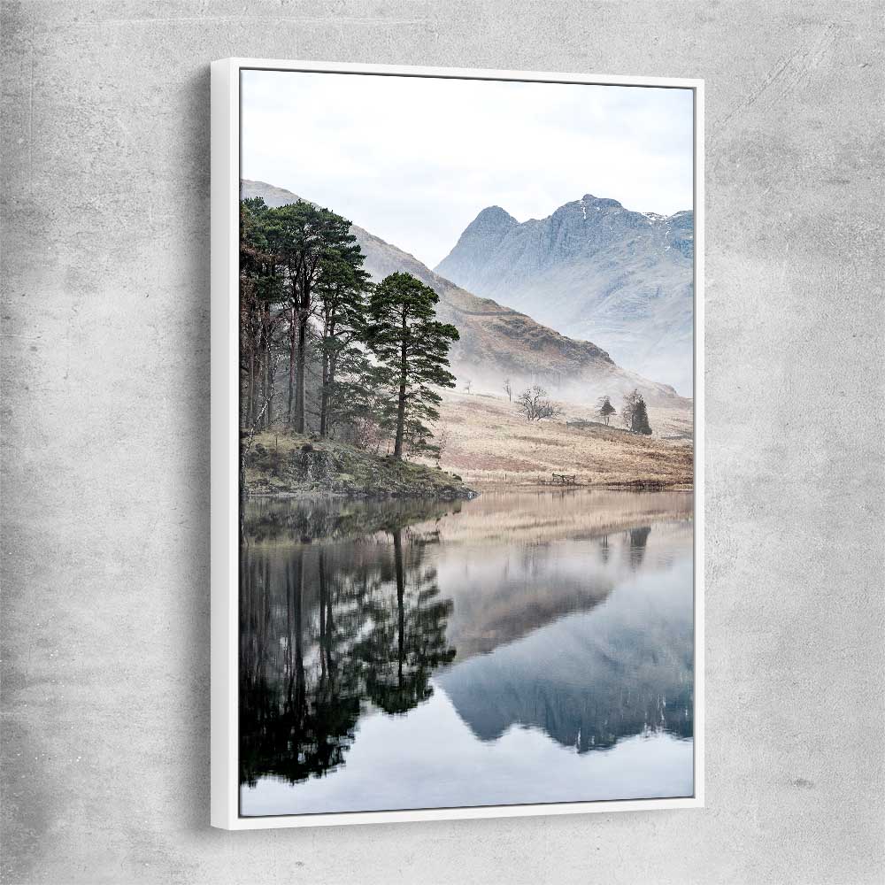 Floral print of Mountain Fog with white framed canvas