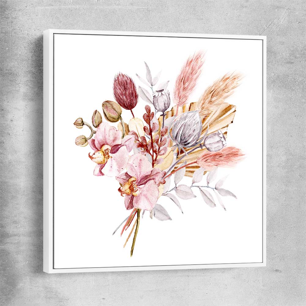 Floral print of Pampas Bunch with white framed canvas