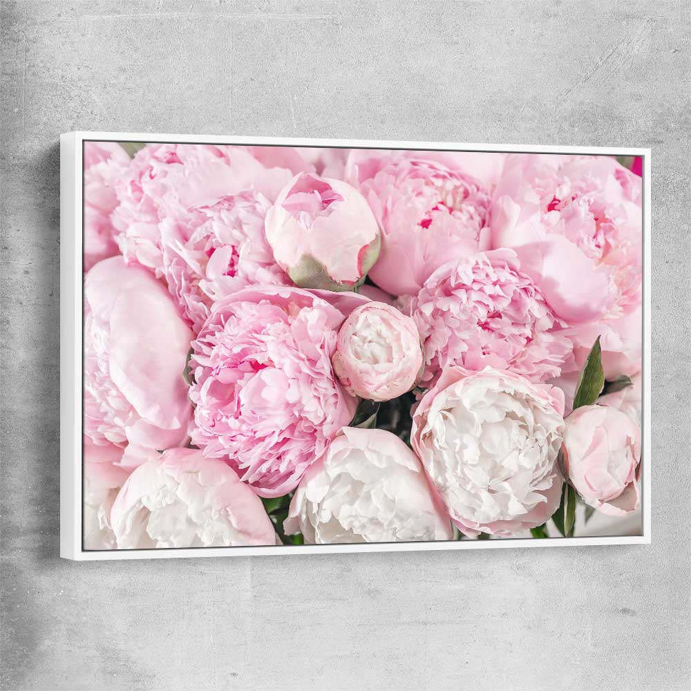 Floral print of Peony Bouquet with white framed canvas