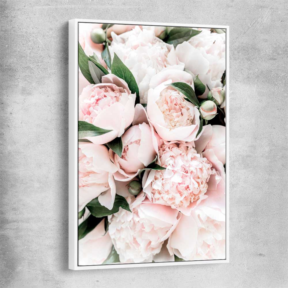 Floral print of Pink Peonies with white framed canvas