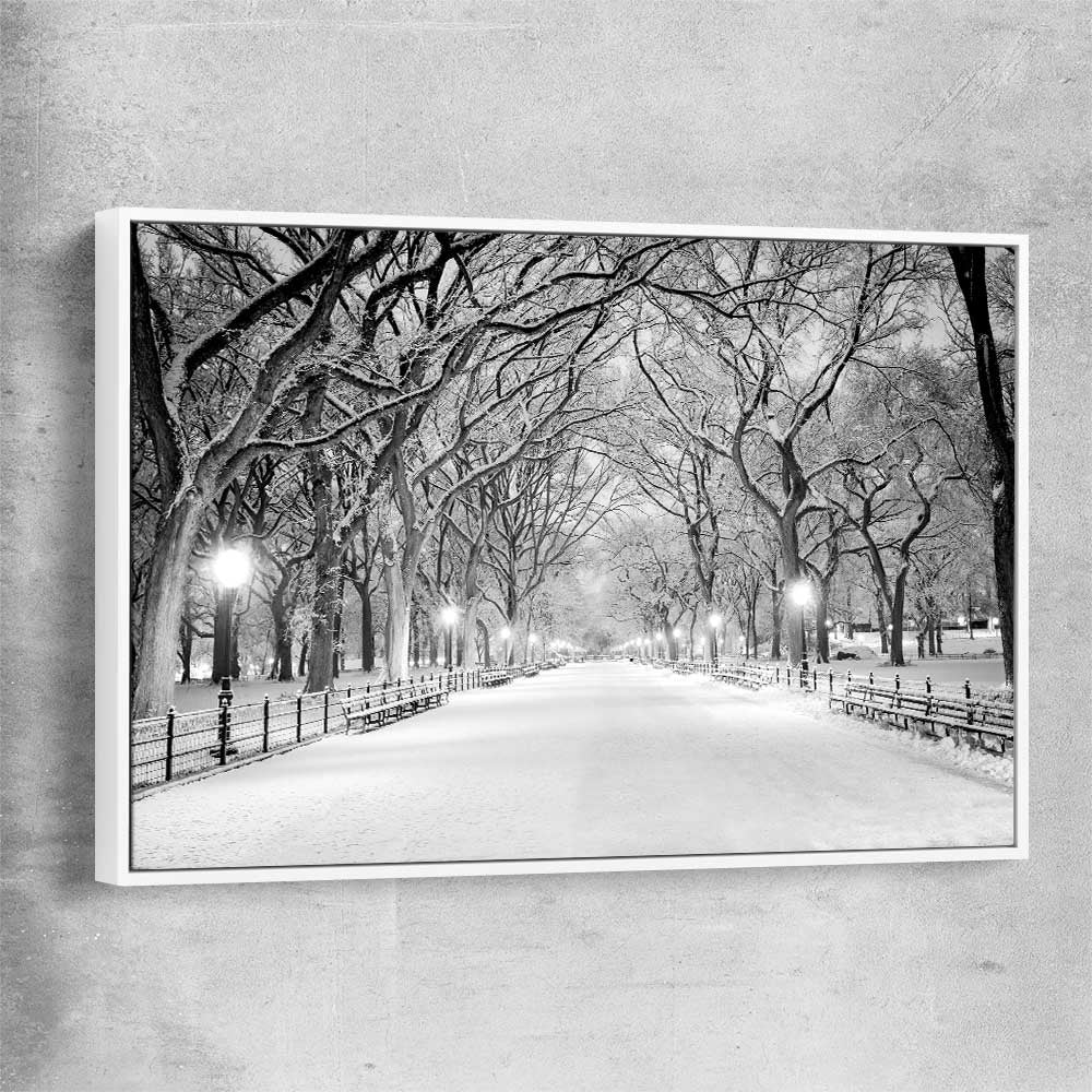 Floral print of Snowy Central Park with white framed canvas