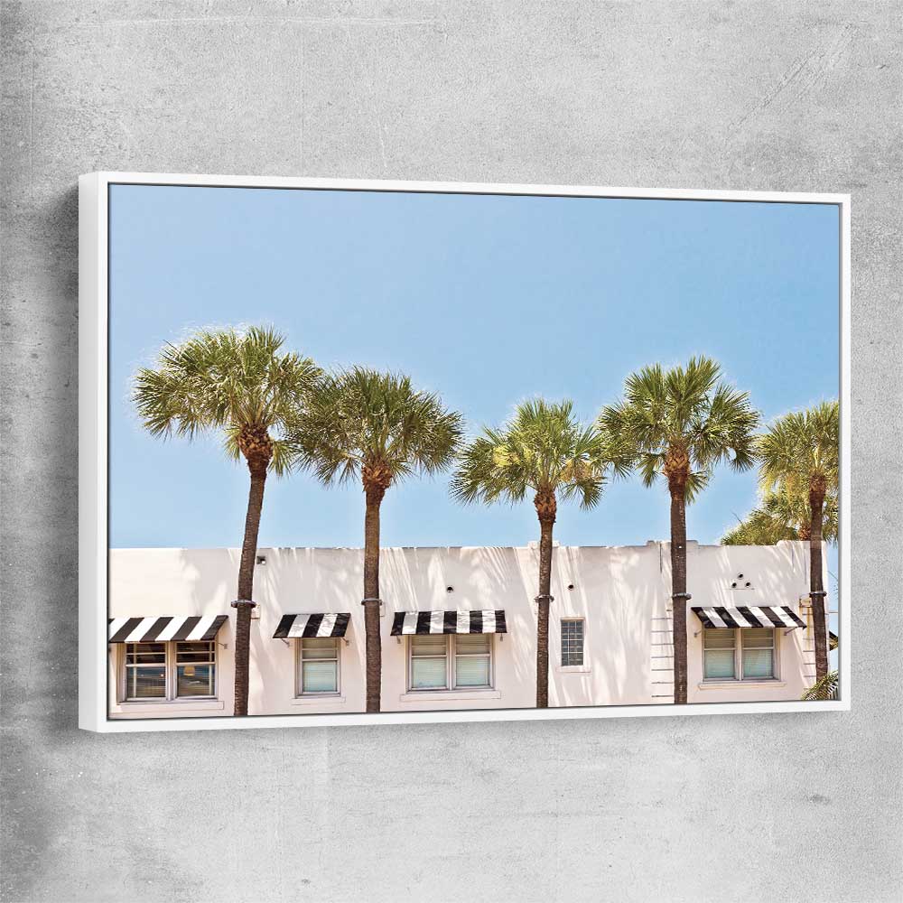 Floral print of South Miami Palms with white framed canvas