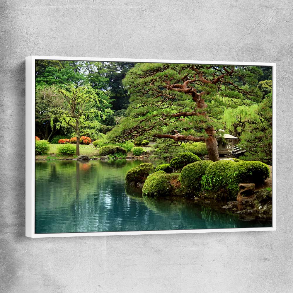 Floral print of Tokyo Bonsai Lake with white framed canvas