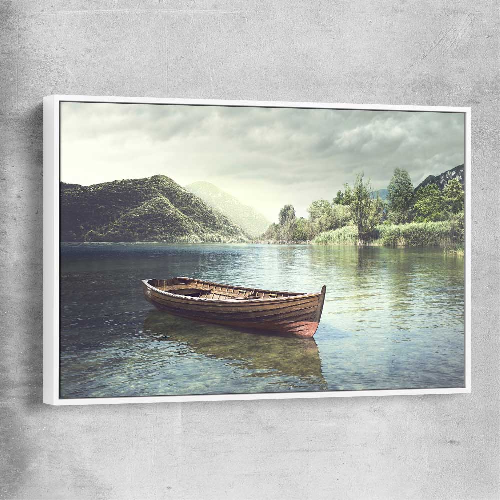 Floral print of Tranquil Wooden Boat with white framed canvas