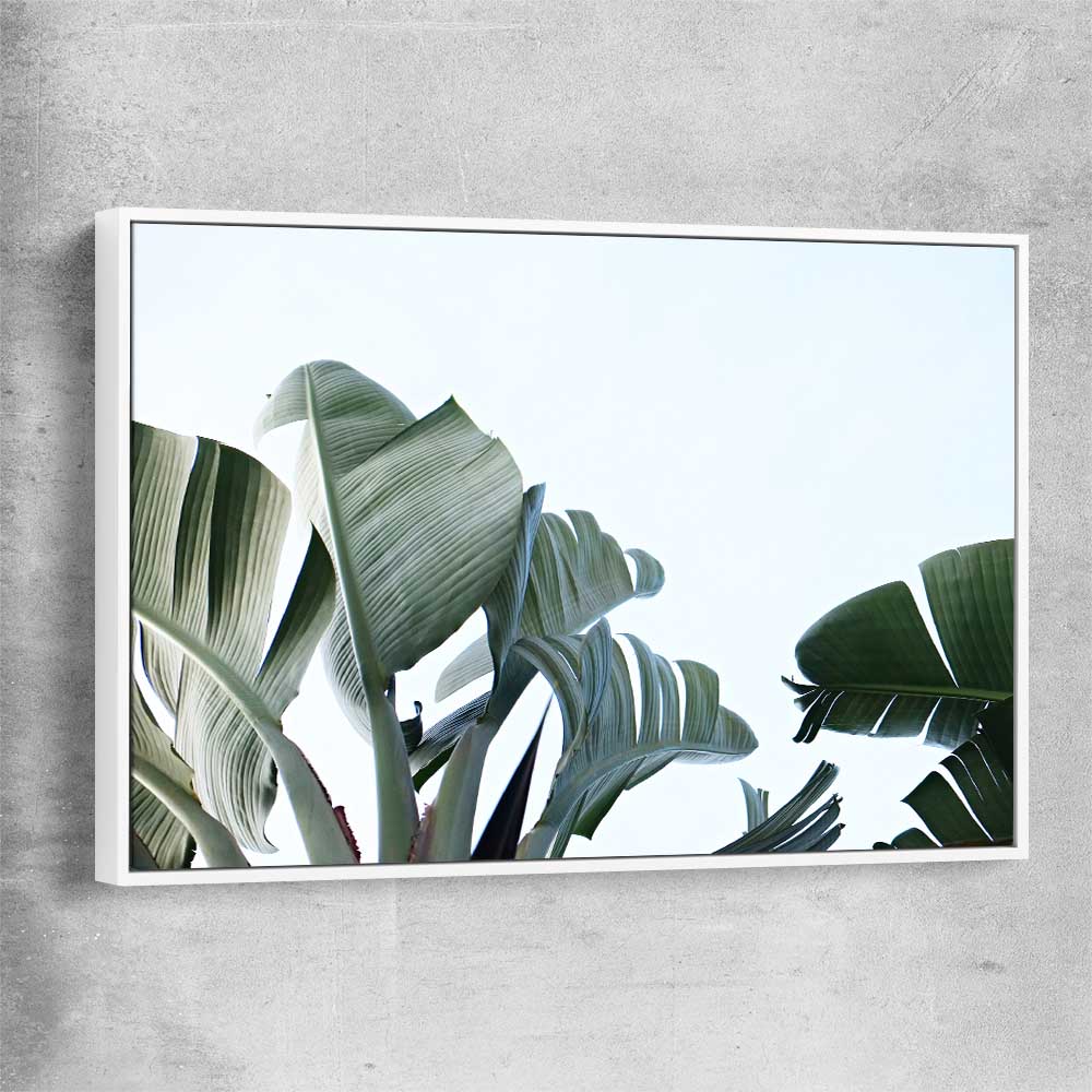 Floral print of Tropical Banana Palm with white framed canvas
