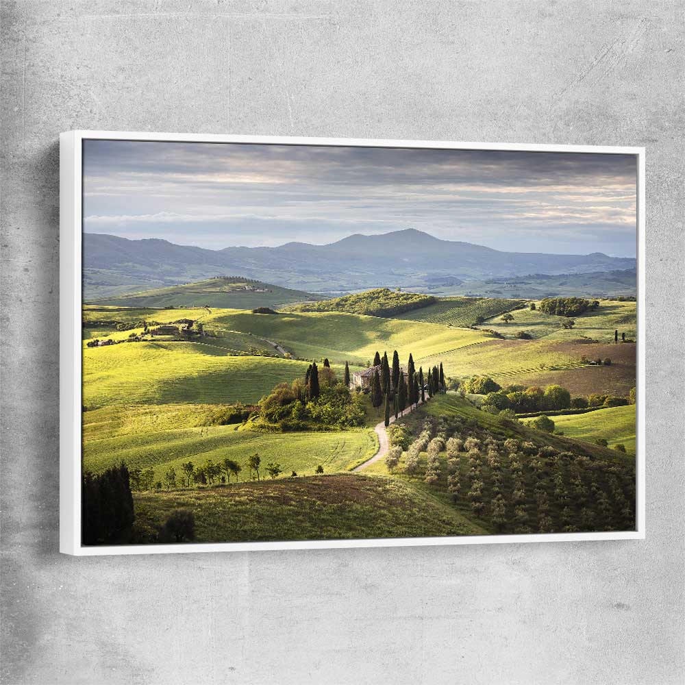Floral print of Tuscan Countryside with white framed canvas