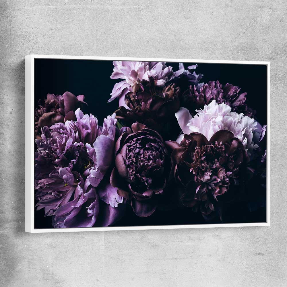 Floral print of Violet Peonies with white framed canvas
