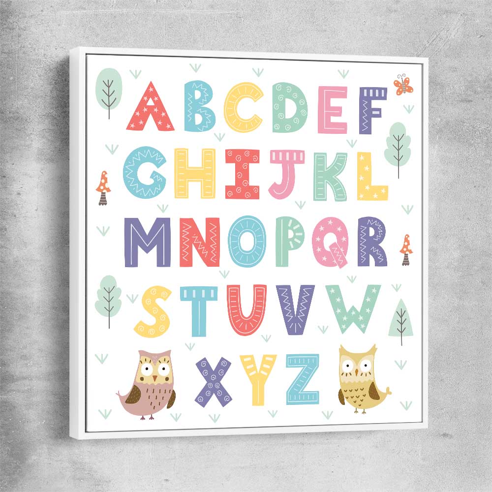 Alphabet Colours white framed canvas is a nursery canvas wall art and print suited for childrens nursery area