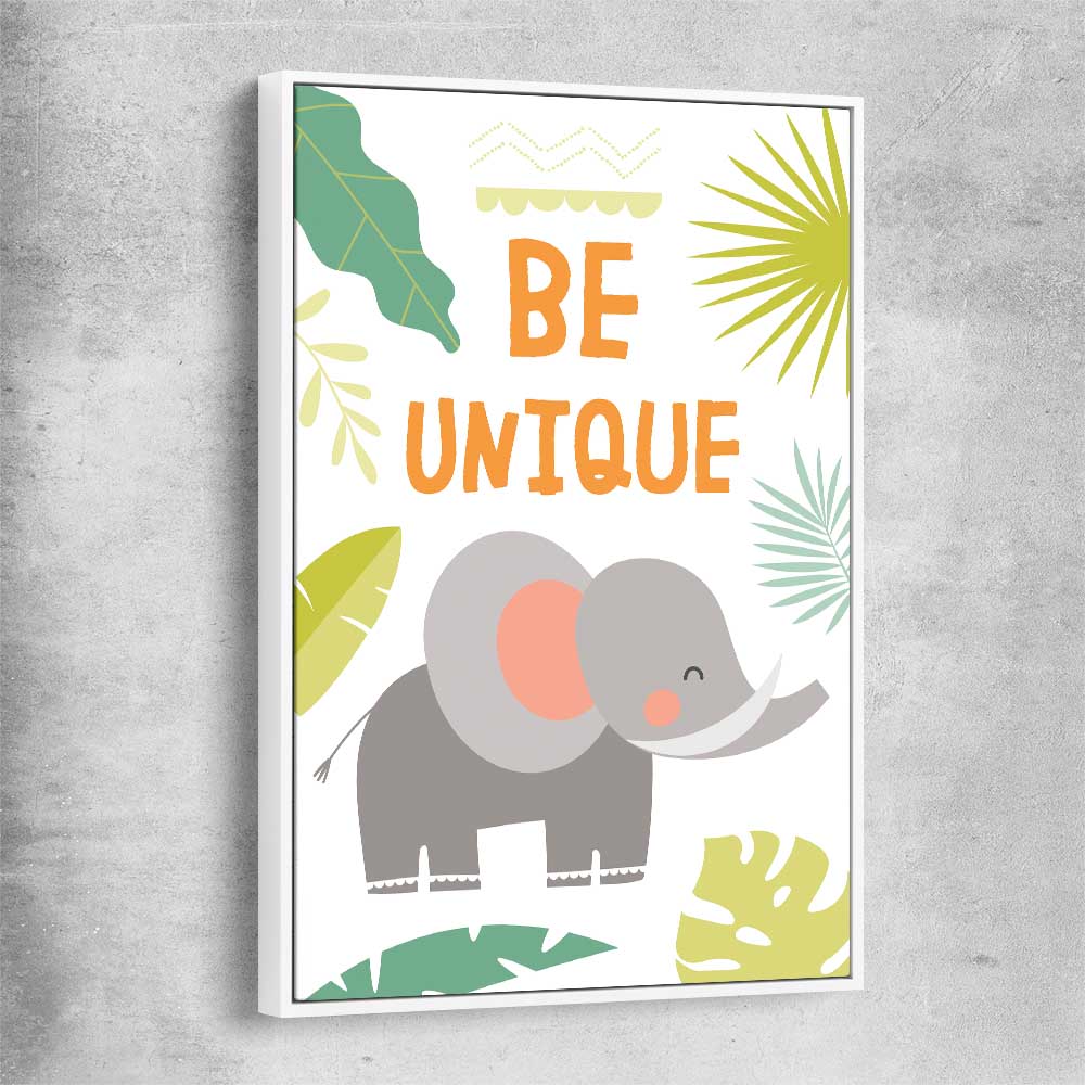Be Unique white framed canvas is a nursery canvas wall art and print suited for childrens nursery area