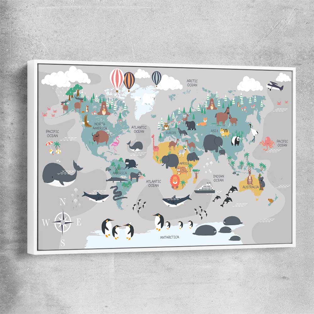 Cartoon World Map white framed canvas is a nursery canvas wall art and print suited for childrens nursery area