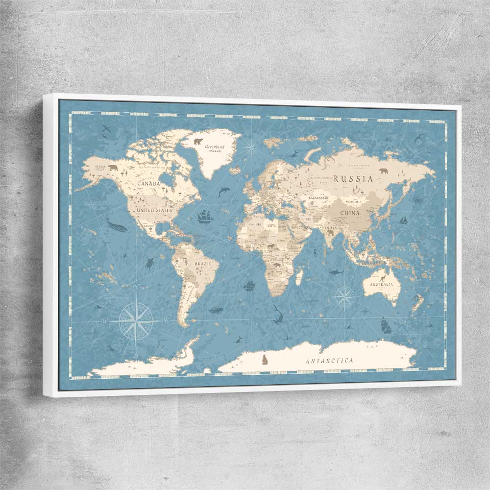 Education Map Blue white framed canvas is a nursery canvas wall art and print suited for childrens nursery area