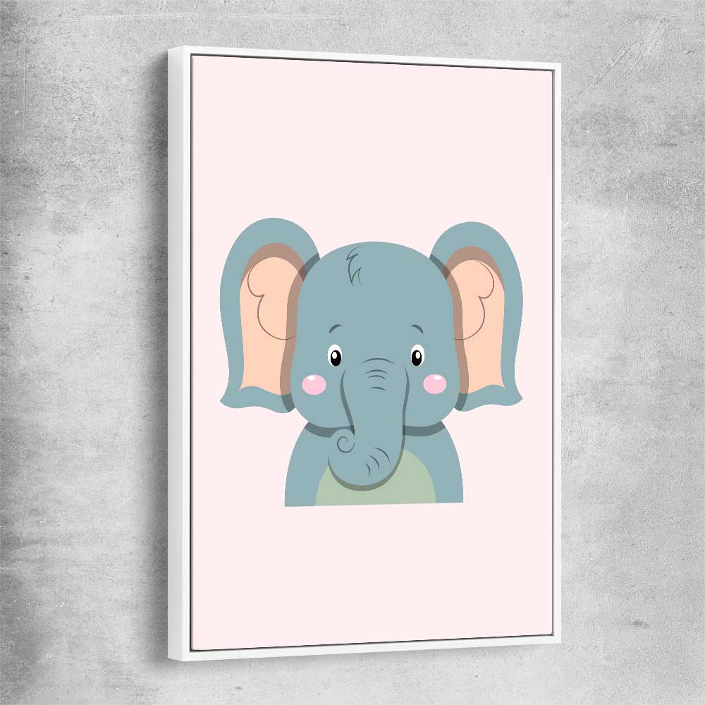Friendly Elephant white framed canvas is a nursery canvas wall art and print suited for childrens nursery area