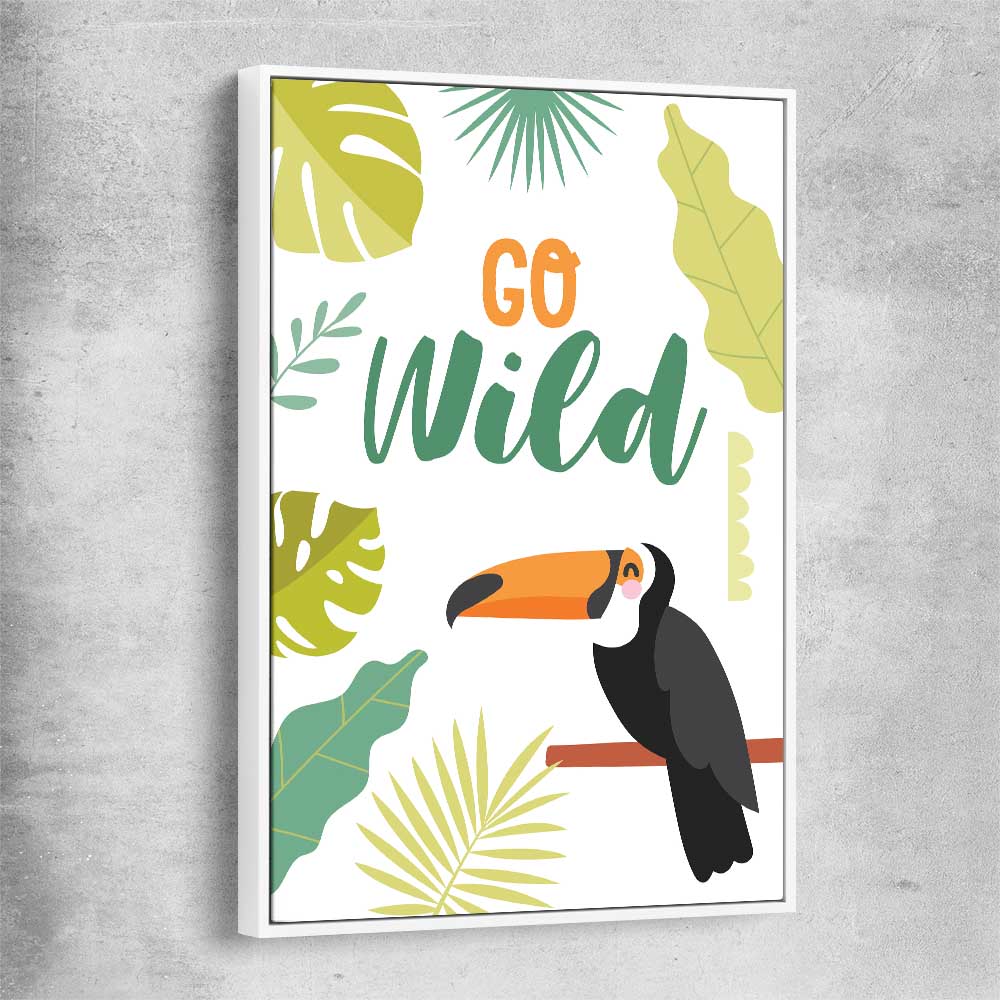 Go Wild white framed canvas is a nursery canvas wall art and print suited for childrens nursery area