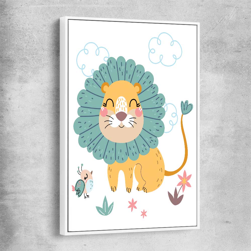 Safari Lion white framed canvas is a nursery canvas wall art and print suited for childrens nursery area